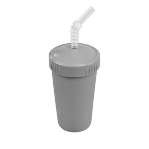 Grey plastic cup with lid and bendable straw