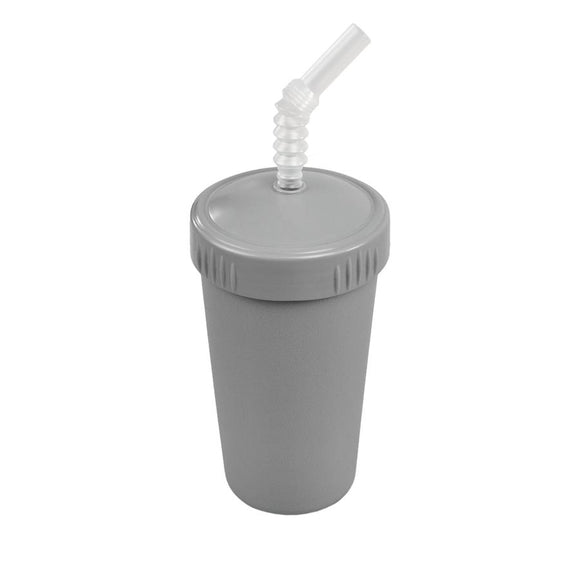 Grey plastic cup with lid and bendable straw
