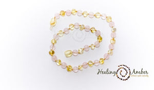 Healing Amber Teething Necklace, Gold Amber & Rose Quartz, 11"