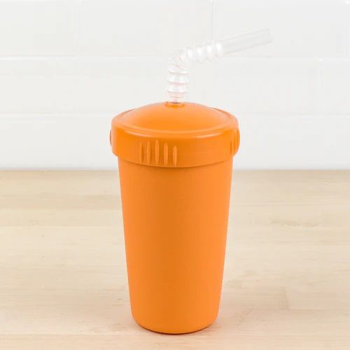 Orange plastic cup with lid and bendable straw