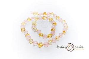 Healing Amber Teething Bracelet, Gold Amber & Rose Quartz, 5.5"