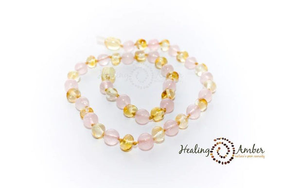 Healing Amber Teething Bracelet, Gold Amber & Rose Quartz, 6.5